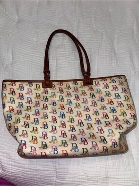 Rare Dooney & Bourke Cream Multicolor DB Logo Canvas Tote with Brown Trim